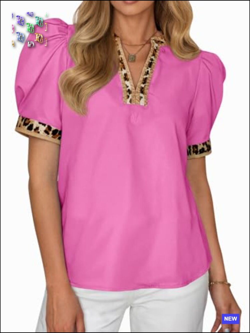 Puff Sleeve V Neck Color Block Blouse Dressy Casual Loose Fit T-Shirt Top - Picture 2 of 7
